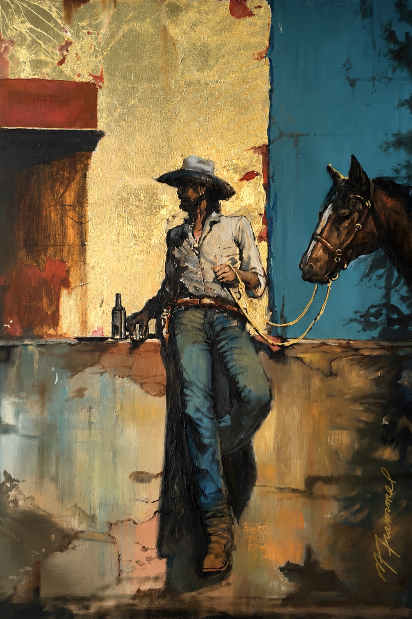Cowboy standing face to face with his horse