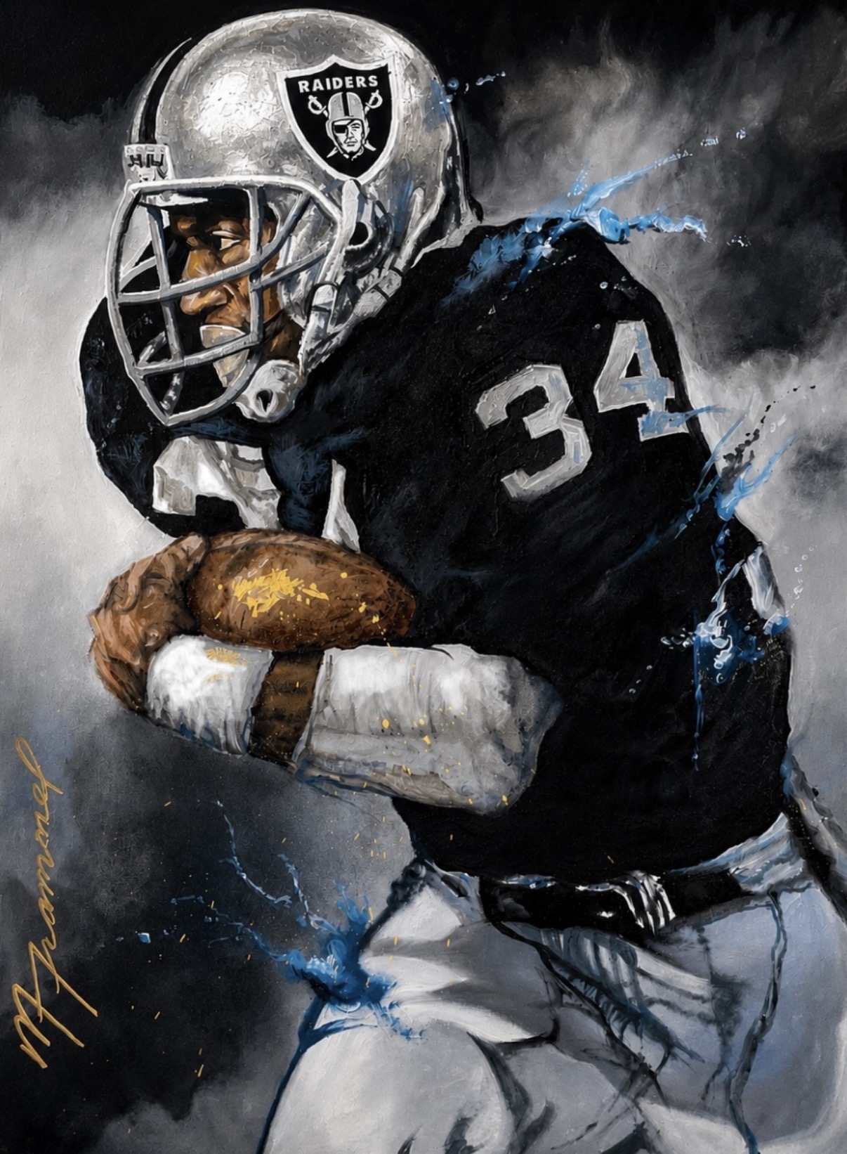 Bo Jackson carrying a football in a black and silver Raiders uniform