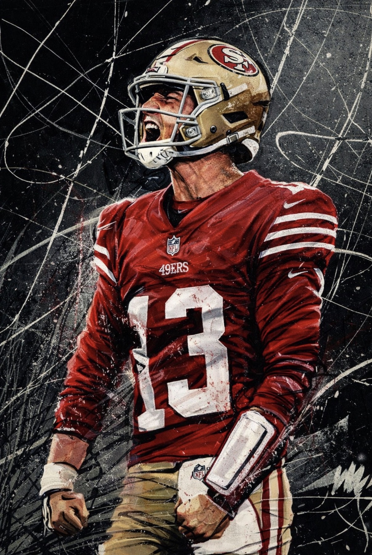 Brock Purdy celebrating in a San Francisco 49ers uniform against an expressive black and silver background