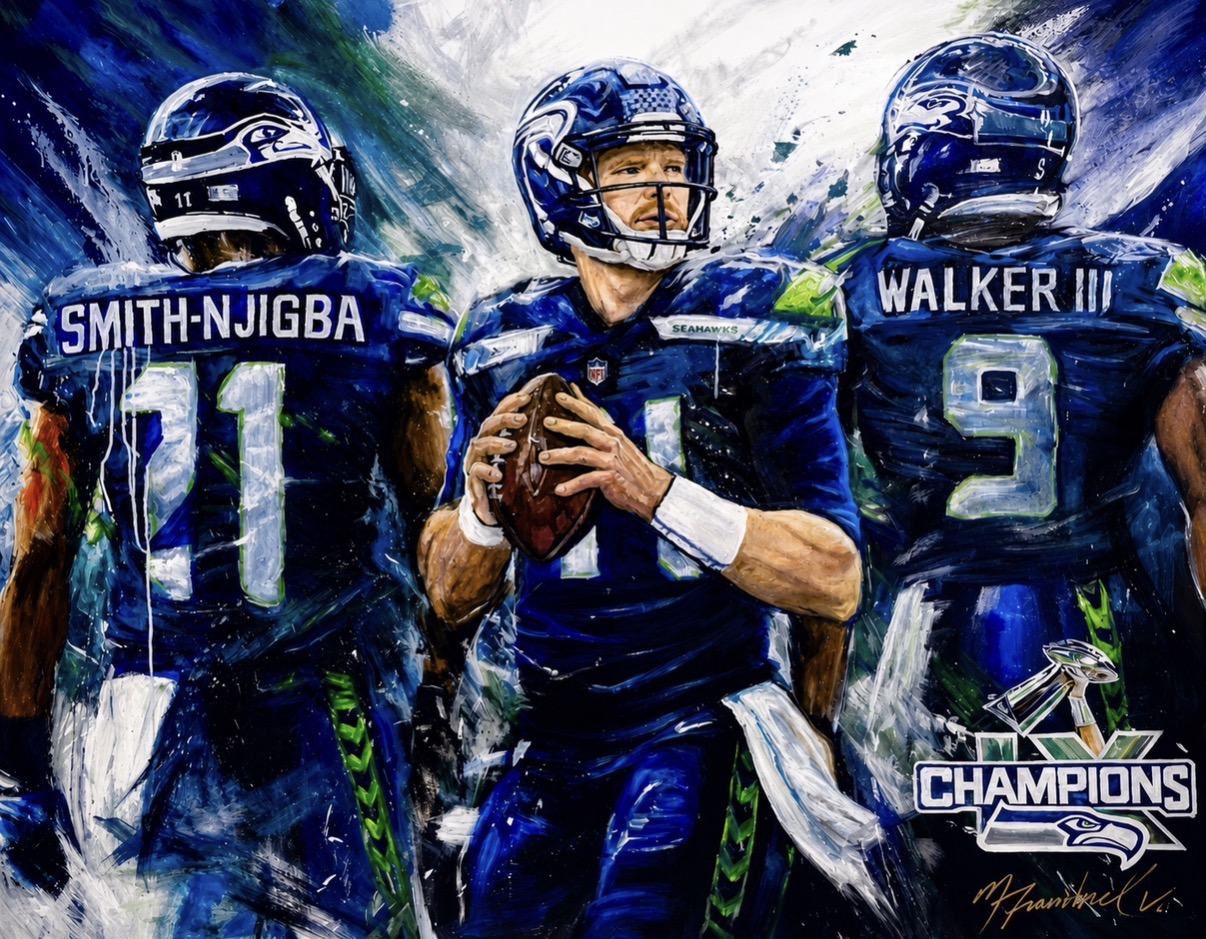 Seattle Seahawks legacy painting featuring Jaxon Smith-Njigba, Sam Darnold, and Kenneth Walker III
