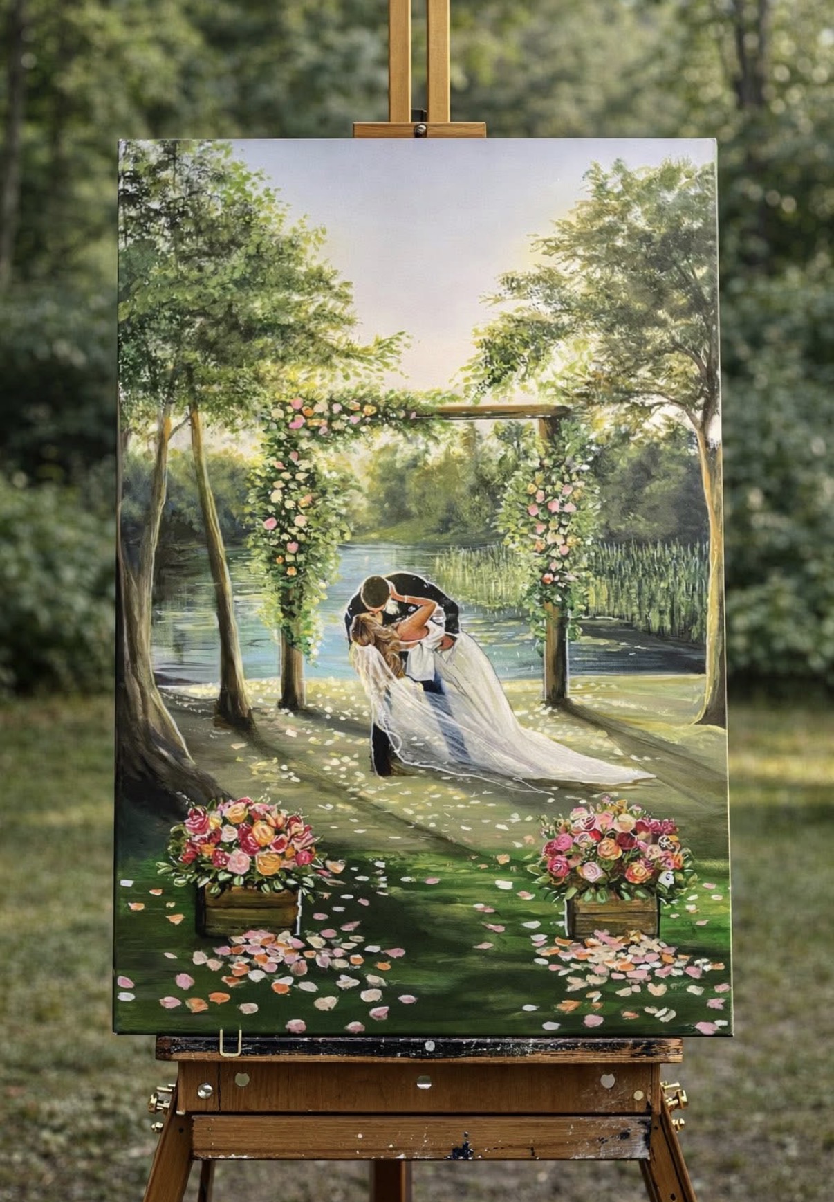 Finished wedding painting of a couple in a flower-filled garden aisle