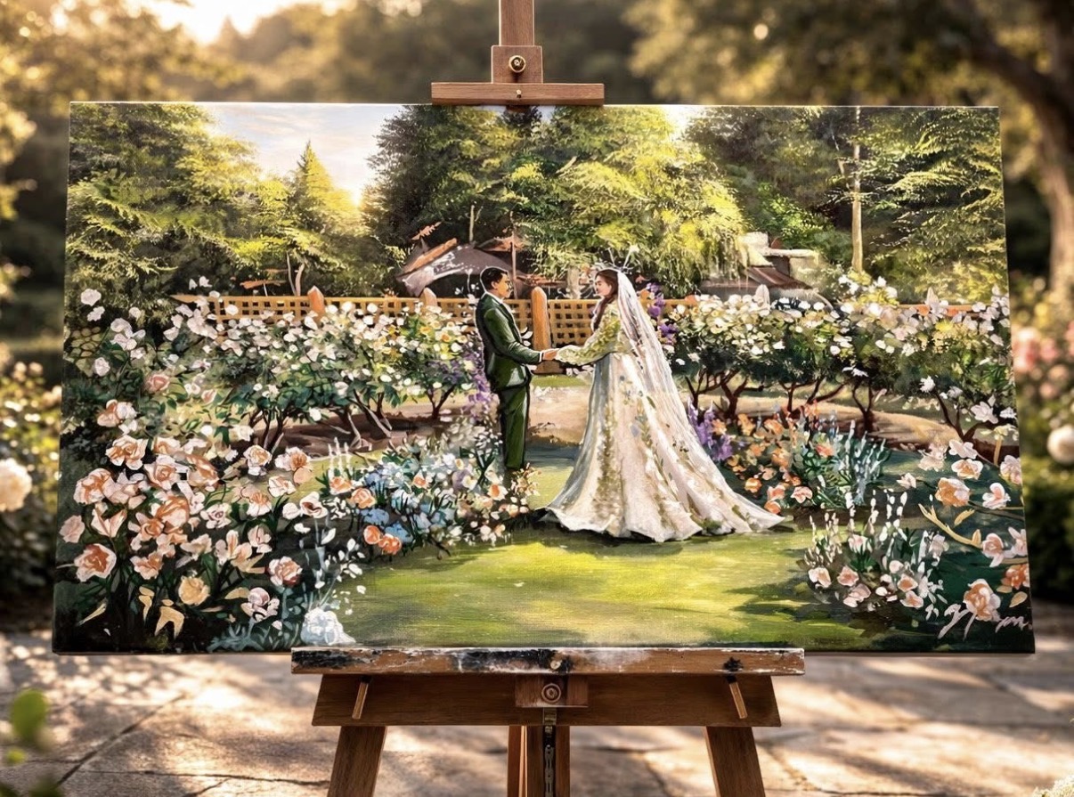 Finished panoramic wedding painting surrounded by garden flowers