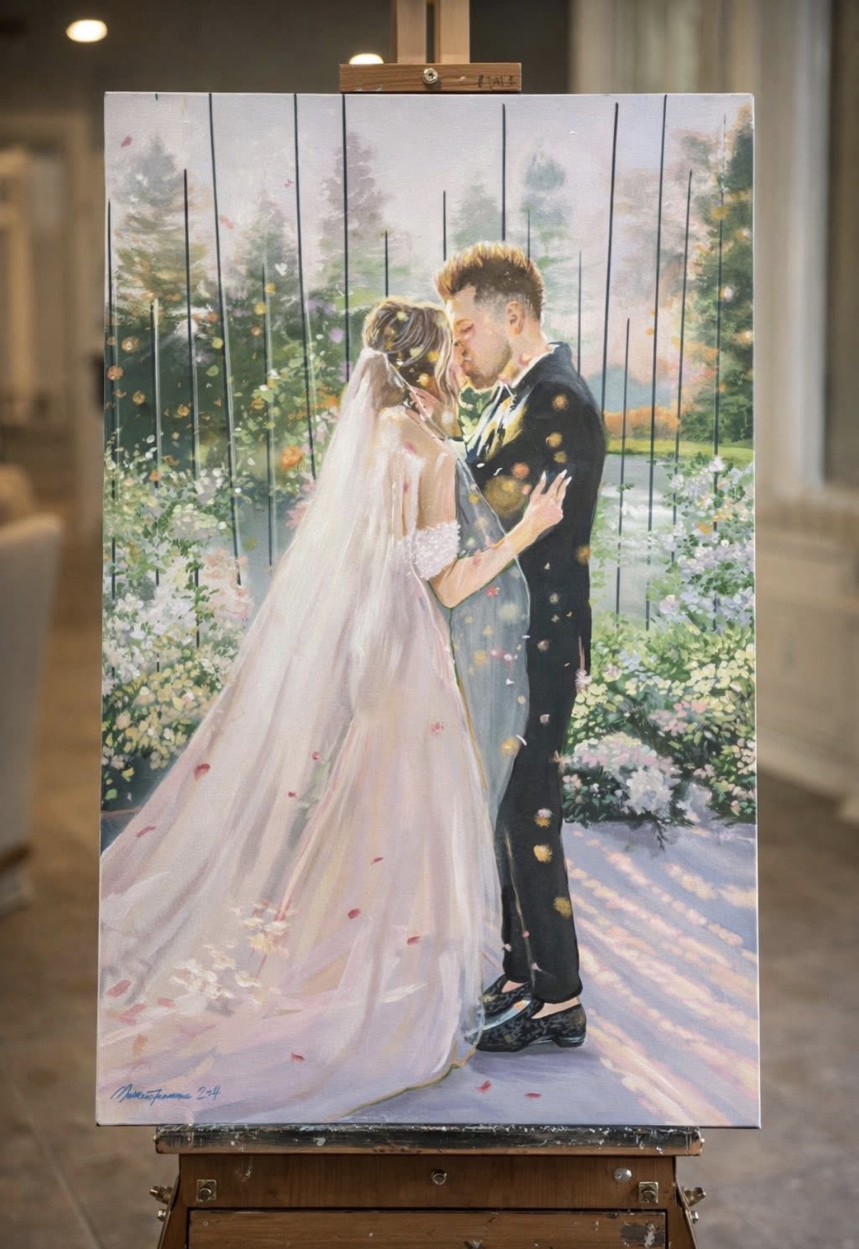 Finished wedding painting of a newlywed couple beneath flowering branches