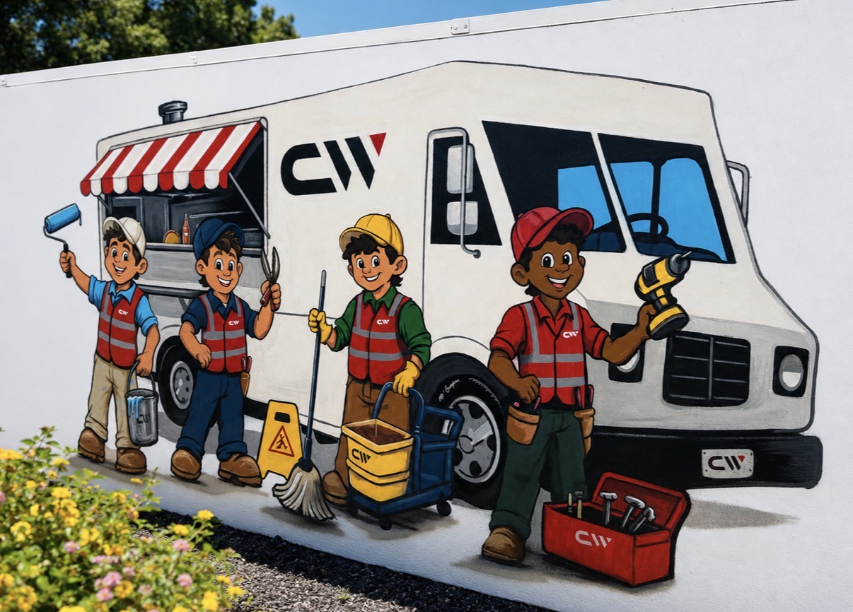 Exterior mural celebrating a diverse community service and maintenance crew