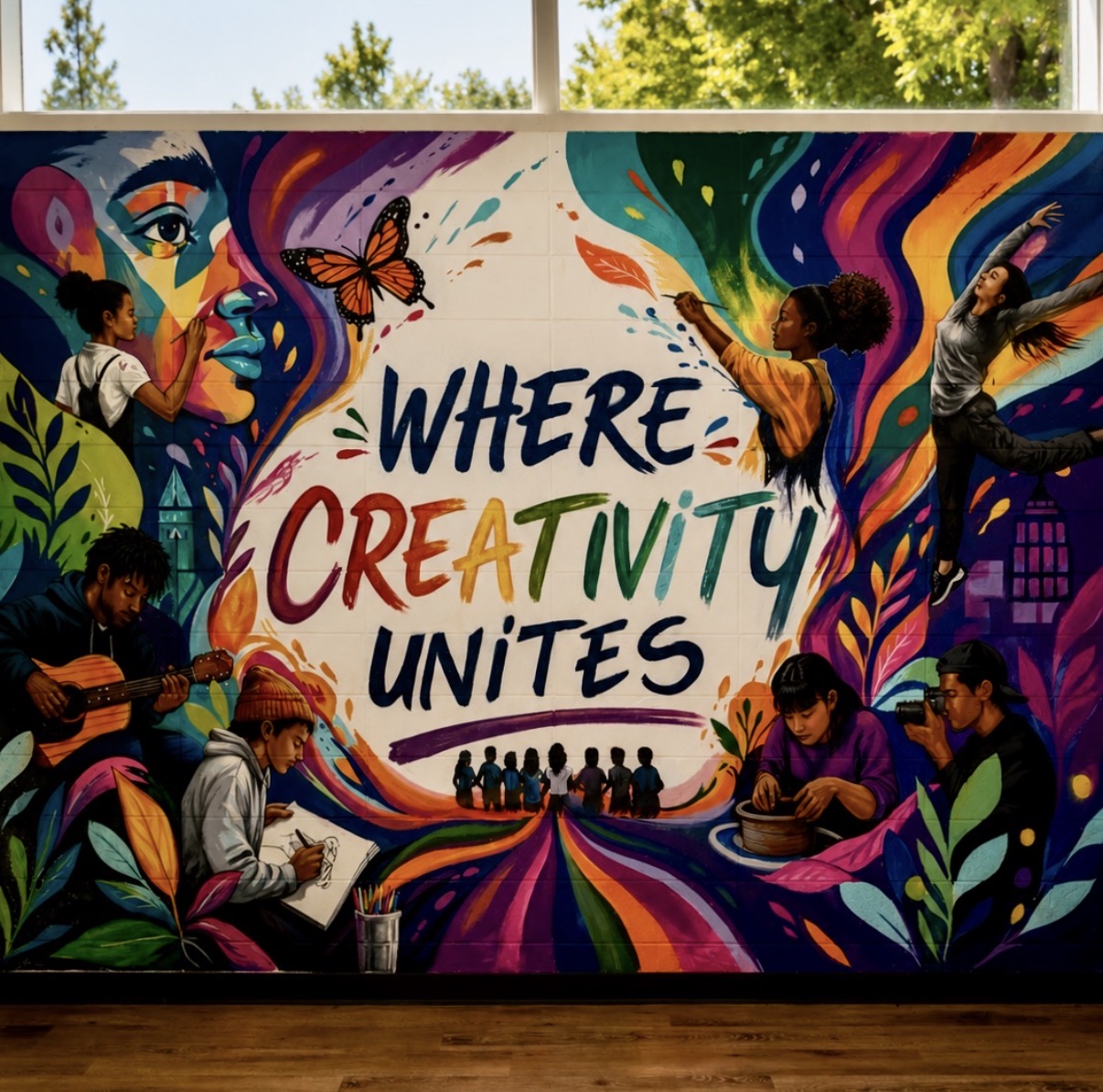 Colorful community arts mural celebrating music, dance, painting, pottery, and photography