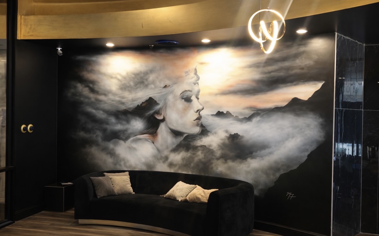 Luxury monochrome portrait mural in a modern interior