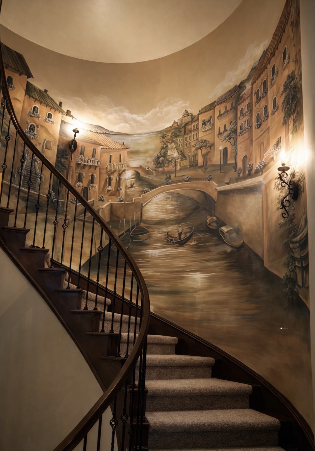 Immersive Venetian canal mural wrapping a curved residential staircase