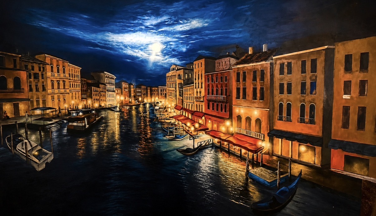 Moonlit Venetian canal mural with glowing architecture and gondolas