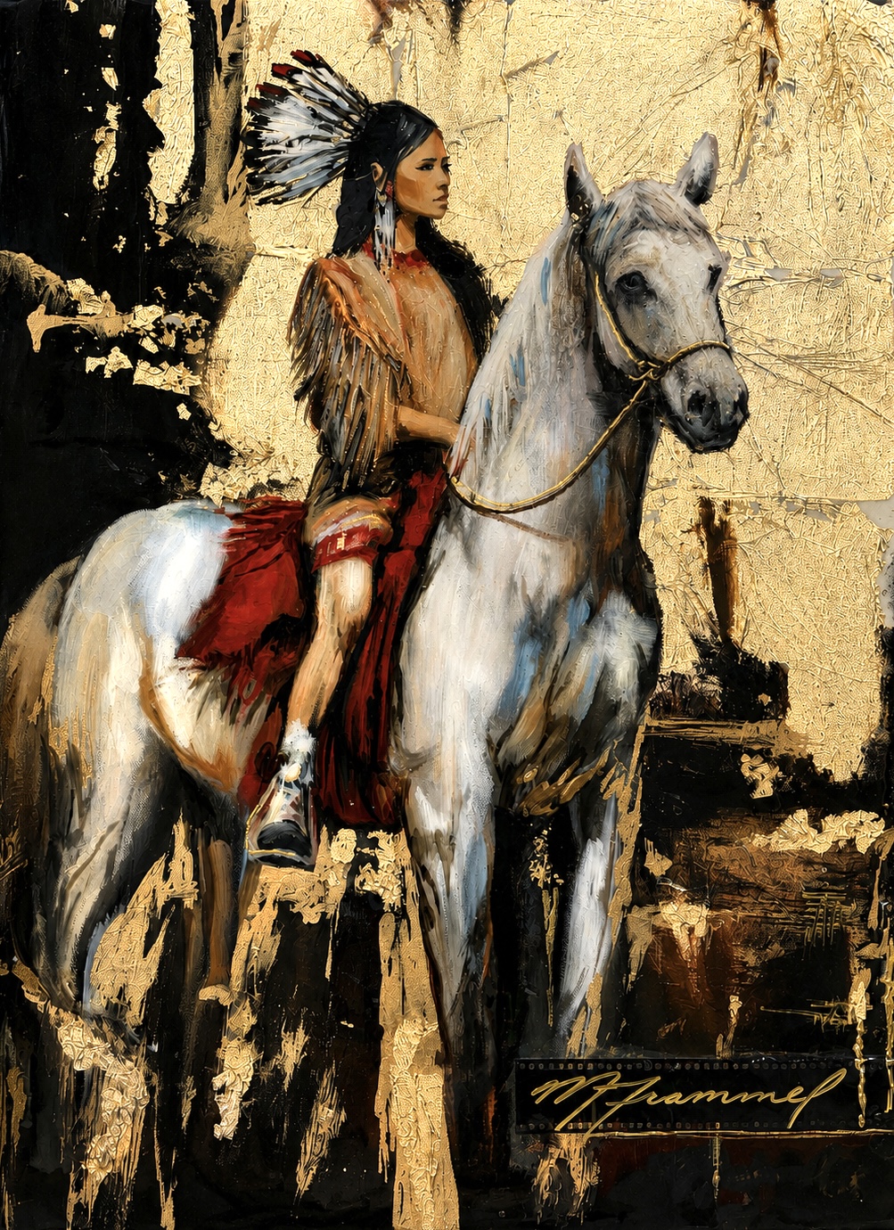 Native American woman riding a white horse against a gold-leaf background