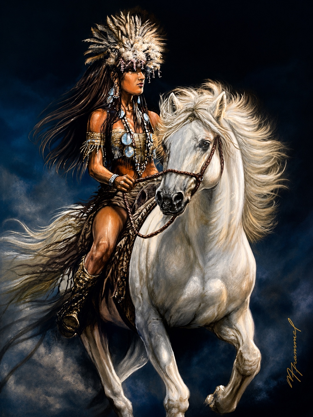 Native American woman riding a white horse against a deep blue sky