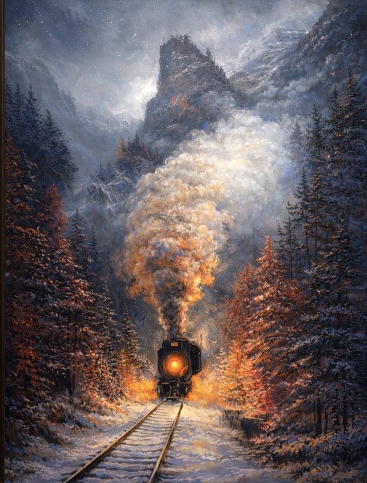 Steam locomotive traveling through a snowy mountain forest